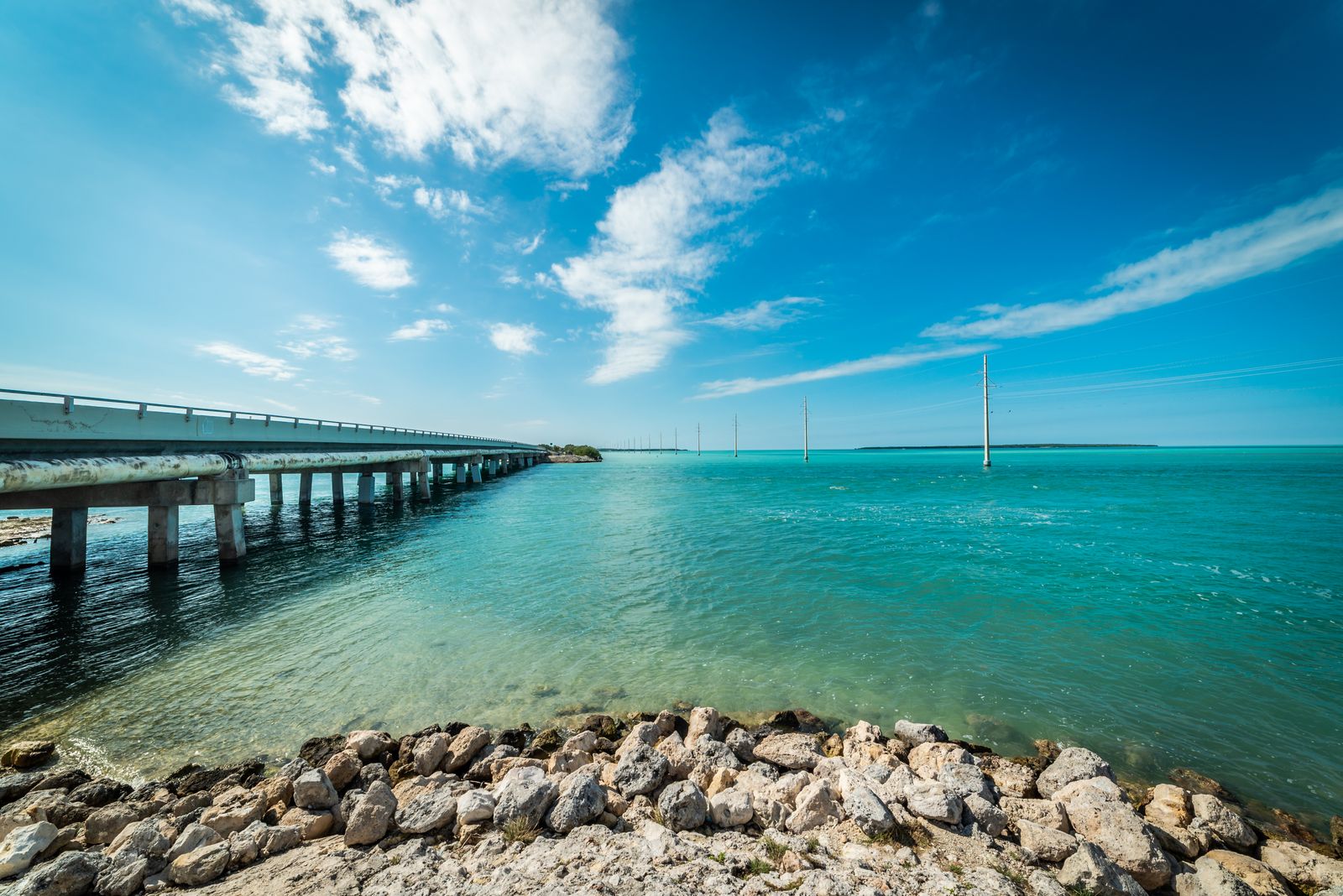 Ocean view of the Florida Keys with a bridge under clear blue sky